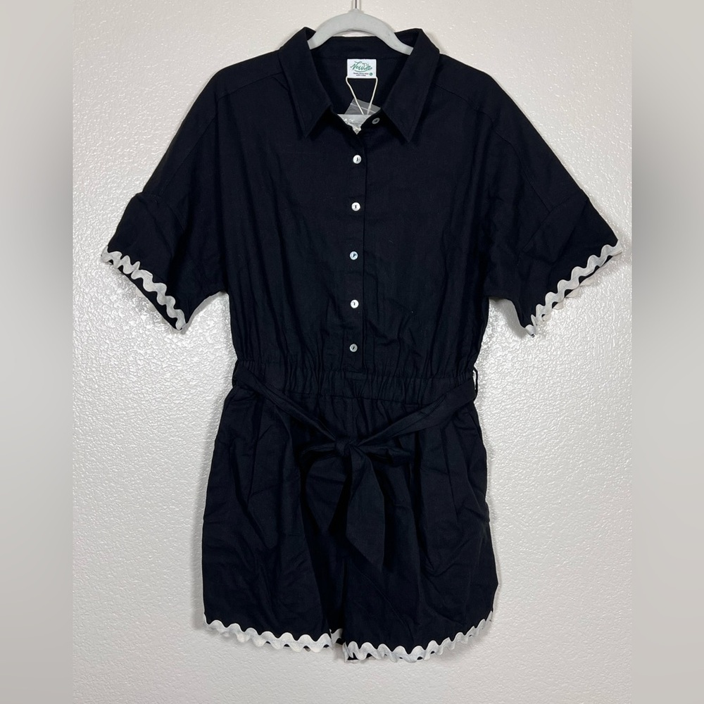 Black and cream linen blend romper, size large